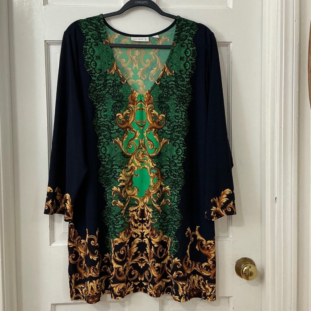 Susan Graver Baroque Tunic Top Women XL Scroll Ornate Statement Art to Wear